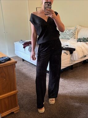 Black Sparkle Wide-Leg lightweight Velvet velour pants - new years, glitter, yay